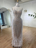 Beaded Feather Mermaid Pageant Dresses Spaghetti Strap Evening Dress 25027-Prom Dresses-vigocouture-Ivory-US2-vigocouture