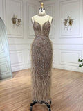 Beaded Feather Mermaid Pageant Dresses Spaghetti Strap Evening Dress 25027-Prom Dresses-vigocouture-Khaki-US2-vigocouture