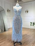 Beaded Feather Mermaid Pageant Dresses Spaghetti Strap Evening Dress 25027-Prom Dresses-vigocouture-Light Blue-US2-vigocouture