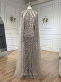 Beaded Lace Cape Sleeve Pageant Dresses Sheath Sparkly Mother of the Bride Dress 25023-Prom Dresses-vigocouture-Khaki-US2-vigocouture