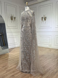 Beaded Lace Cape Sleeve Pageant Dresses Sheath Sparkly Mother of the Bride Dress 25023-Prom Dresses-vigocouture-Khaki-US2-vigocouture