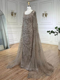 Beaded Lace Cape Sleeve Prom Dresses Sheath Boat Neck Pageant Dress 24513-Prom Dresses-vigocouture-Khaki-US2-vigocouture