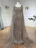 Beaded Lace Cape Sleeve Prom Dresses Sheath Boat Neck Pageant Dress 24513-Prom Dresses-vigocouture-Khaki-US2-vigocouture