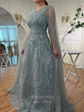 Beaded Lace Extra Long Sleeve Prom Dresses Boat Neck Pageant Dress 24535-Prom Dresses-vigocouture-Green-US2-vigocouture