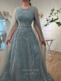 Beaded Lace Extra Long Sleeve Prom Dresses Boat Neck Pageant Dress 24535-Prom Dresses-vigocouture-Green-US2-vigocouture