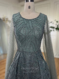 Beaded Lace Extra Long Sleeve Prom Dresses Boat Neck Pageant Dress 24535-Prom Dresses-vigocouture-Green-US2-vigocouture