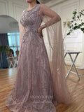 Beaded Lace Extra Long Sleeve Prom Dresses Boat Neck Pageant Dress 24535-Prom Dresses-vigocouture-Dusty Pink-US2-vigocouture