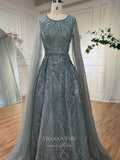 Beaded Lace Extra Long Sleeve Prom Dresses Boat Neck Pageant Dress 24535