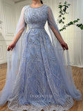 Beaded Lace Extra Long Sleeve Prom Dresses Boat Neck Pageant Dress 24535-Prom Dresses-vigocouture-Light Blue-US2-vigocouture