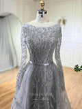 Beaded Lace Long Sleeve Prom Dresses Boat Neck A-Line Pageant Dress 24509-Prom Dresses-vigocouture-Silver-US2-vigocouture