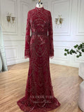 Beaded Lace Long Sleeve Prom Dresses High Neck Pageant Dress 24532-Prom Dresses-vigocouture-Burgundy-US2-vigocouture