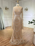 Beaded Lace Long Sleeve Prom Dresses High Neck Pageant Dress 24532-Prom Dresses-vigocouture-Khaki-US2-vigocouture