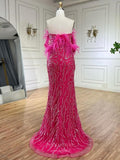 Beaded Lace Mermaid Prom Dresses with Feather Slit Off the Shoulder Pageant Dress 25013-Prom Dresses-vigocouture-As Pictured-US2-vigocouture