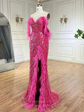 Beaded Lace Mermaid Prom Dresses with Feather Slit Off the Shoulder Pageant Dress 25013-Prom Dresses-vigocouture-As Pictured-US2-vigocouture