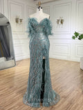 Beaded Lace Mermaid Prom Dresses with Feather Slit Off the Shoulder Pageant Dress 25013-Prom Dresses-vigocouture-Green-US2-vigocouture