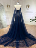 Beaded Mermaid Cape Sleeve Prom Dresses Spaghetti Strap Pageant Dress 24524-Prom Dresses-vigocouture-Dark Blue-US2-vigocouture