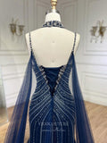 Beaded Mermaid Cape Sleeve Prom Dresses Spaghetti Strap Pageant Dress 24524-Prom Dresses-vigocouture-Dark Blue-US2-vigocouture