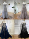 Beaded Mermaid Cape Sleeve Prom Dresses Spaghetti Strap Pageant Dress 24524-Prom Dresses-vigocouture-Dark Blue-US2-vigocouture