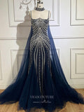 Beaded Mermaid Cape Sleeve Prom Dresses Spaghetti Strap Pageant Dress 24524-Prom Dresses-vigocouture-Dark Blue-US2-vigocouture