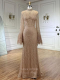 Beaded Mermaid Feather Long Sleeve Prom Dresses High Neck Pageant Dress 24520-Prom Dresses-vigocouture-Khaki-US2-vigocouture