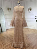 Beaded Mermaid Feather Long Sleeve Prom Dresses High Neck Pageant Dress 24520-Prom Dresses-vigocouture-Khaki-US2-vigocouture