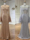 Beaded Mermaid Feather Long Sleeve Prom Dresses High Neck Pageant Dress 24520-Prom Dresses-vigocouture-Khaki-US2-vigocouture