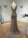 Beaded Mermaid Feather Prom Dresses V-Neck Pageant Dress 24523-Prom Dresses-vigocouture-Khaki-US2-vigocouture