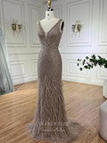 Beaded Mermaid Feather Prom Dresses V-Neck Pageant Dress 24523-Prom Dresses-vigocouture-Khaki-US2-vigocouture