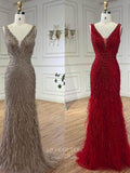 Beaded Mermaid Feather Prom Dresses V-Neck Pageant Dress 24523-Prom Dresses-vigocouture-Khaki-US2-vigocouture