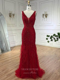 Beaded Mermaid Feather Prom Dresses V-Neck Pageant Dress 24523-Prom Dresses-vigocouture-Red-US2-vigocouture