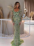 Beaded Mermaid Long Sleeve Prom Dresses Square Neck Pageant Dress 24522-Prom Dresses-vigocouture-Green-US2-vigocouture