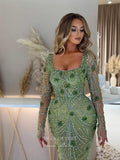 Beaded Mermaid Long Sleeve Prom Dresses Square Neck Pageant Dress 24522-Prom Dresses-vigocouture-Green-US2-vigocouture