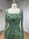 Beaded Mermaid Long Sleeve Prom Dresses Square Neck Pageant Dress 24522-Prom Dresses-vigocouture-Green-US2-vigocouture