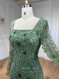 Beaded Mermaid Long Sleeve Prom Dresses Square Neck Pageant Dress 24522-Prom Dresses-vigocouture-Green-US2-vigocouture