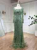 Beaded Mermaid Long Sleeve Prom Dresses Square Neck Pageant Dress 24522-Prom Dresses-vigocouture-Green-US2-vigocouture