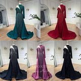 Beaded Mermaid Long Sleeve Prom Dresses with Overskirt High Neck Pageant Dress 24512-Prom Dresses-vigocouture-Magenta-US2-vigocouture