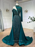 Beaded Mermaid Long Sleeve Prom Dresses with Overskirt High Neck Pageant Dress 24512-Prom Dresses-vigocouture-Green-US2-vigocouture