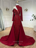 Beaded Mermaid Long Sleeve Prom Dresses with Overskirt High Neck Pageant Dress 24512-Prom Dresses-vigocouture-Red-US2-vigocouture