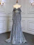 Beaded Mermaid Off the Shoulder Prom Dresses Sheer Long Sleeve Pageant Dress 24511-Prom Dresses-vigocouture-Grey-US2-vigocouture