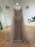 Beaded Removable Cape Sleeve Prom Dresses Mermaid High Neck Pageant Dress 24527-Prom Dresses-vigocouture-Khaki-US2-vigocouture