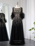 Beaded Sequin Lace Prom Dresses Feathers Half Sleeve Mother of the Bride Dress 24428-Prom Dresses-vigocouture-Black-US2-vigocouture