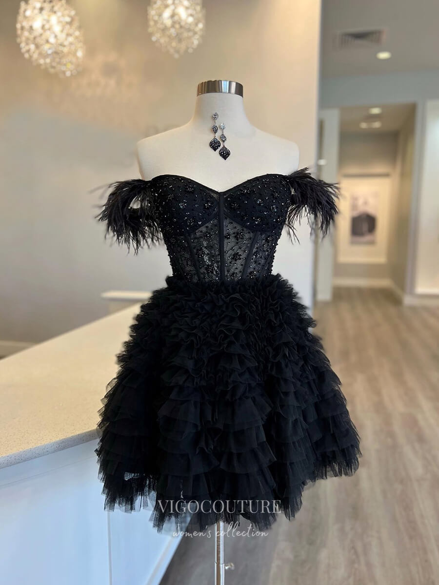 Beaded Tiered Hoco Dresses Off the Shoulder Homecoming Dresses hc213-Prom Dresses-vigocouture-Black-US0-vigocouture