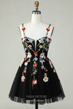 Black 3D Flower Lace Applique Homecoming Dresses Spaghetti Strap Back to School Dress hc421