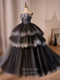 Black 3D Flower Tiered Prom Dresses Strapless Quinceanera Dress 24397-Prom Dresses-vigocouture-Black-Custom Size-vigocouture
