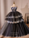 Black 3D Flower Tiered Prom Dresses Strapless Quinceanera Dress 24397