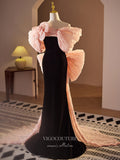 Black and Pink Bow Tie Velvet Prom Dresses Rosette Mermaid Formal Gown 24393-Prom Dresses-vigocouture-Black-Custom Size-vigocouture