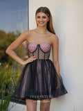 Black and Pink Dotted Tulle Homecoming Dresses Strapless Sweetheart Graduation Dress hc465-Prom Dresses-vigocouture-Black-Custom Size-vigocouture