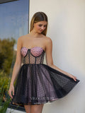 Black and Pink Dotted Tulle Homecoming Dresses Strapless Sweetheart Graduation Dress hc465-Prom Dresses-vigocouture-Black-Custom Size-vigocouture