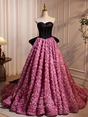 Black and Pink Rosette Prom Dresses Strapless Bow-Tie Quinceanera Dress 24387