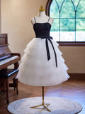 Black and White Tiered Homecoming Dress Spaghetti Strap Graduation Dress hc338-Prom Dresses-vigocouture-White-Custom Size-vigocouture